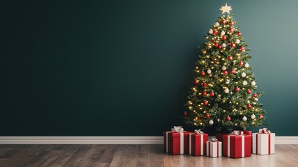 Festive christmas tree decorated with gifts in cozy living room holiday spirit warm environment indoor viewpoint