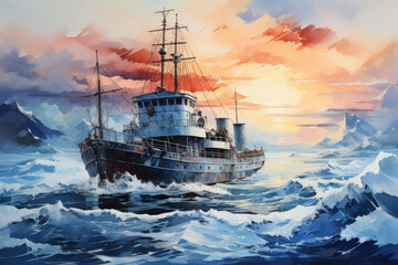 Obraz premium a skillfully rendered seascape with a ship in a dynamic setting. The vessel, a classic blue trawler with rusty hues, navigates the choppy sea waves. 