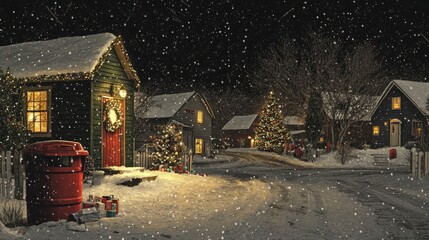Fototapeta premium Winter village with Christmas decorations and snow