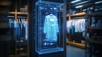 virtual fitting room interface showcasing holographic dress display