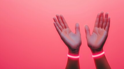 Obraz premium Two hands raised against a vibrant pink background, adorned with glowing wristbands, creating a striking visual contrast.