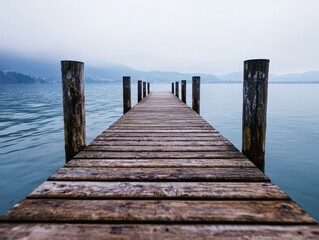 Fototapeta premium Serene pier stretching into misty waters tranquil lake gigapixel photography calm environment wide angle peaceful concept