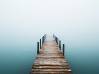 Fototapeta premium Serene pier extending into misty waters tranquil nature landscape atmospheric photography viewpoint