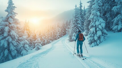 Winter skier ascending a snowy mountain trail at sunrise