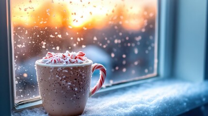 Cozy winter scene with peppermint hot chocolate