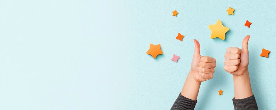 Two thumbs up with colorful stars on a light blue background, conveying positivity and celebration.