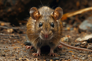 A close-up shot of a wild rodent, apparently a rat. The animal looks straight into the camera, its eyes sparkle, and its whiskers stick out in all directions, giving it a wary and attentive expression