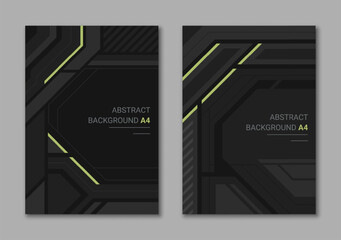 Futuristic set of vertical A4 covers for brochure. Modern black with neon abstract design.