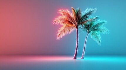 Fototapeta premium Two palm trees illuminated with vibrant pink and blue hues create a tropical, surreal ambiance.
