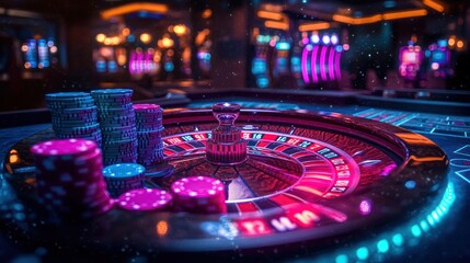 Obraz premium Close-up of a roulette wheel in a casino with stacks of chips.