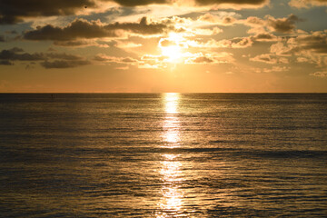 Calm seascape. Sea sunset with sky. Ocean and sky background. Sunset seascape at sea with cloudy sky. Nature sky and sea background for banner.