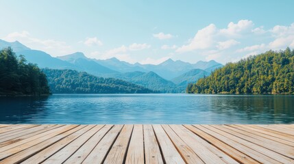 Tranquil wooden deck overlooking serene lake and mountains nature photography outdoor environment wide view