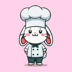 cute rabbit chef cartoon character flat color vector illustration template design