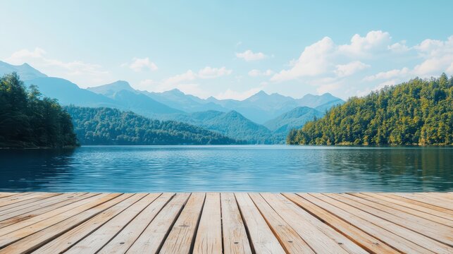 Tranquil wooden deck overlooking serene lake and mountains nature photography outdoor environment wide view