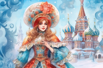 Obraz premium a woman is captured in a luxurious Russian folk outfit Her kokoshnik is decorated with floral patterns, which is in harmony with the festive atmosphere of Maslenitsa. 
