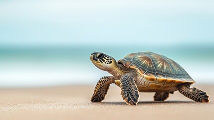 Obraz premium Turtle moving gracefully on beach nature scene gigapixel quality tranquil environment serene viewpoint