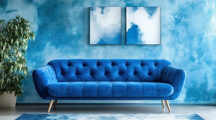 Interior design of a living room featuring a blue sofa, clean lines, and a modern look, captured in a 3D render for a fresh and inviting atmosphere.