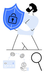 Man holding blue shield with lock symbol, magnifying glass, credit card, money flow symbols. Ideal for financial security, online transactions, privacy protection, cybersecurity, money management
