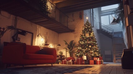 Obraz premium Cozy Christmas Living Room with Tree and Gifts