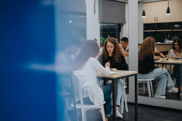 Students gathered in a school cafeteria, enjoying lunch and conversation, reflecting a collaborative and relaxed atmosphere with modern design, encouraging social interaction and positive experiences.