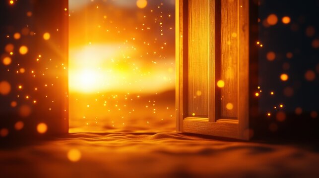Sunrise beyond the open door nature scene ethereal lighting warm environment inspirational viewpoint new beginnings concept