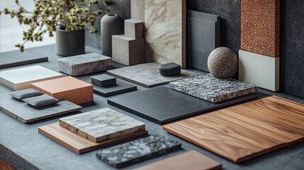 Moodboard of luxury interior design material samples, featuring surfaces like marble and wood, showcasing the designerâ€™s choices for upscale residential or commercial spaces.