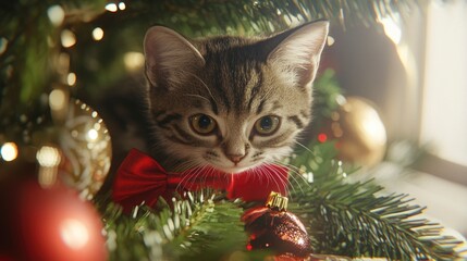 Obraz premium Cute kitten with a bow tie in a Christmas tree