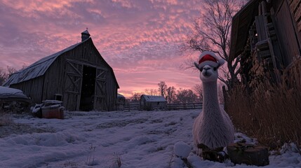 Obraz premium Festive alpaca in winter landscape with barn