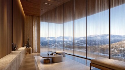 Modern interior with panoramic snowy mountain view
