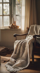 Cozy Knit Blanket Comfortably Draped Over Rustic Wooden Armchair in Warmly Lit Living Room