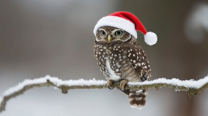 Owl wearing Santa hat on snowy branch