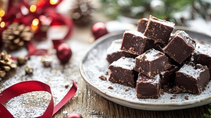 Festive chocolate fudge with powdered sugar and decorations