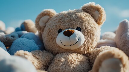 Soft and Adorable Teddy Bear Surrounded by Plush Friends Outdoors