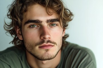 Obraz premium Portrait of a Young Man with Curly Hair and Intense Green Eyes