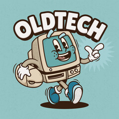 Retro Computer Trendy Retro Cartoon Vector Hand Drawn