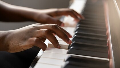 Obraz premium A close-up of hands pressing the piano keys