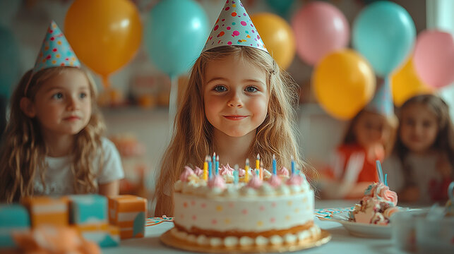 Joyful birthday celebration with children enjoying cake and balloons at a festive party