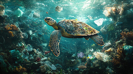 Turtle swims through ocean litter, highlighting marine pollution and environmental impact on aquatic life