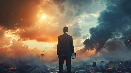 A business executive standing outdoors, looking out at multiple natural disasters approaching, including a flood, wildfire, landslide, and heavy smog from air pollution. 