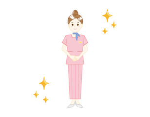 パンツスタイルで接客する女性のイラスト　美容アドバイススタッフ