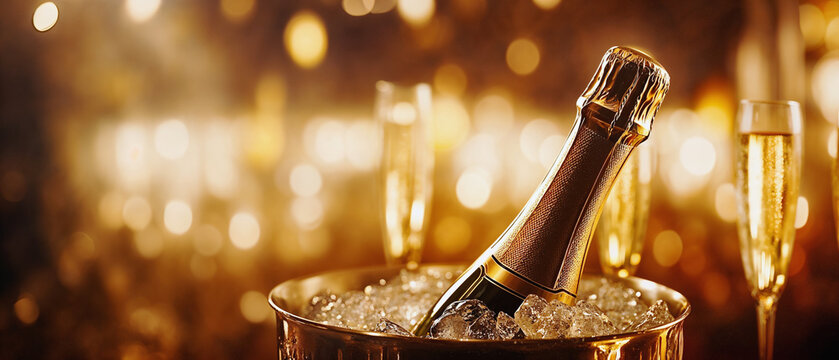 Champagne in Ice Bucket with Golden Glow, Perfect for Celebrations and Elegant Gatherings, Header or Website Background Banner