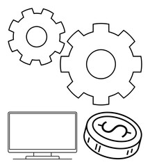 Gears representing mechanical process, computer screen for digital interface, and dollar coin for financial aspect. Ideal for finance, technology, business strategy, investment, innovation, economic