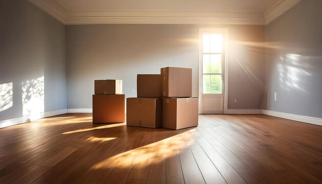 A mountain of cardboard boxes in a beautiful room. A room with light shining through the window and cardboard boxes.