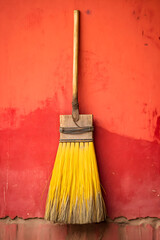 Wooden Broom Resting Against Brightly Painted Wall &ndash; A Glimpse Into Traditional Cleaning Methods