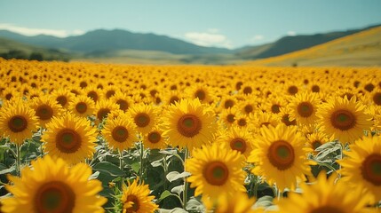 Obraz premium Sunflowers in a field, mountains background.