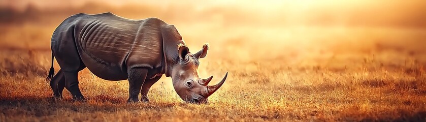 Fototapeta premium A single, ultra-detailed rhinoceros grazing on dry grass, isolated on a dusty savanna background with soft lighting emphasizing its rugged skin and horn