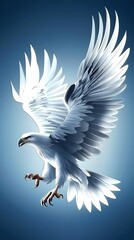 Obraz premium A single, ultra-detailed eagle soaring through the sky, isolated on a blue gradient background with sharp lighting emphasizing its outstretched wings and sharp talons