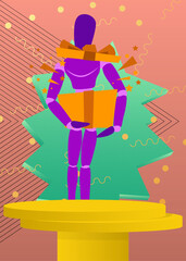 Mockup product display with wooden puppet holding gift box. Vector cylinder pedestal podium. Stage showcase for presentation. Minimal geometric forms.