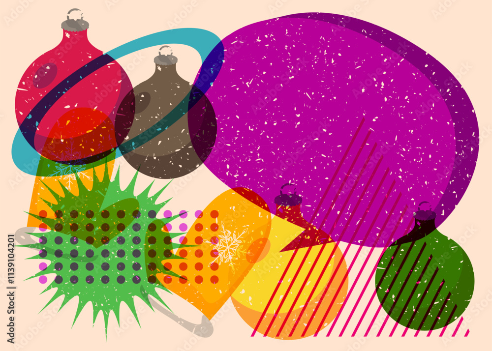 Poster risograph mitten glove and christmas decoration ball with speech bubble with geometric shapes. objec