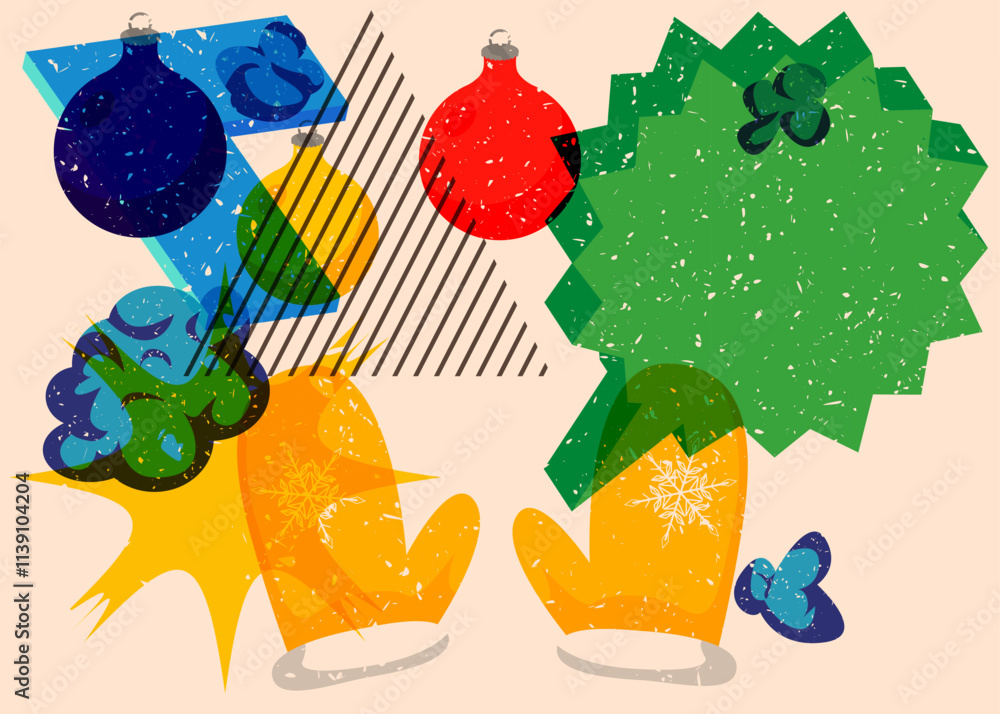 Poster risograph mitten glove and christmas decoration ball with speech bubble with geometric shapes. objec